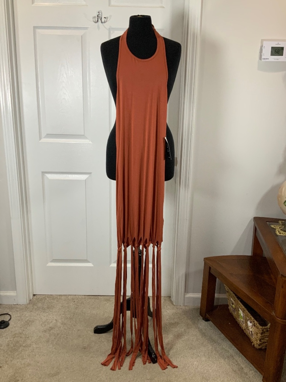 NA-KD XS Rust Orange Halter Maxi Dress Long Fringe Tassel Festival Boho Sexy